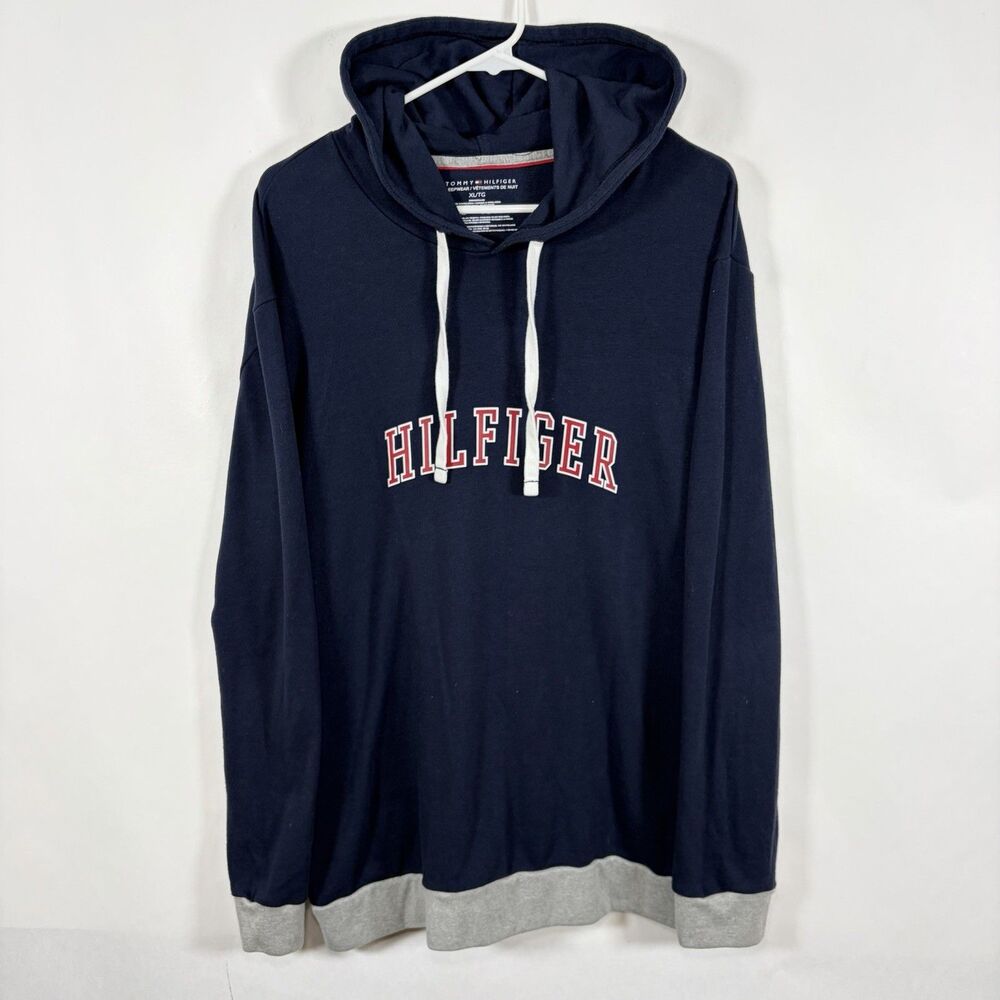 Tommy Hilfiger Sleepwear Hoodie Mens Size XL Navy Red Spellout Drawstring Soft